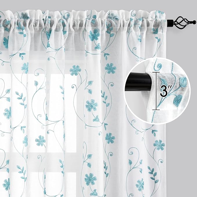 HOMEIDEAS White and Blue Embroidered Floral Sheer Curtains 96 Inches Long 2 Panels Flower Pattern Semi Sheer Window Curtains for Bedroom Living Room