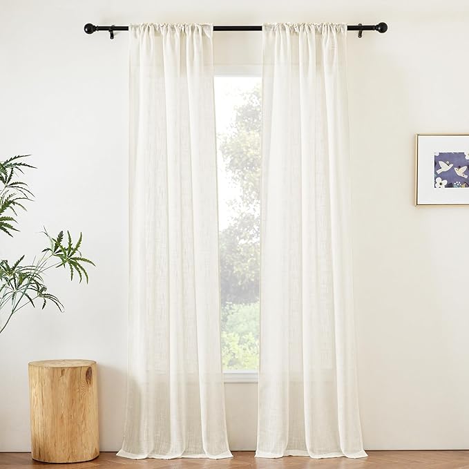 NICETOW Faux Linen Living Room Curtains 96 inch Length, Rod Pocket & Back Tab Window Treatments Semi Sheer Drapes Privacy with Light Filtering for Bedroom, Natural, 2 Panels, W34 x L96