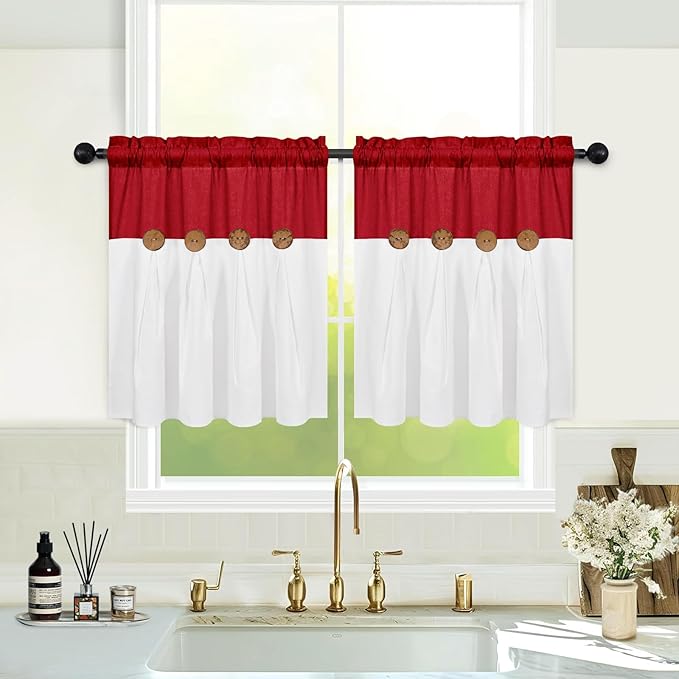 FRAMICS Farmhouse Kitchen Curtains 24 Inch Length, Rustic Cotton Linen Tier Curtain, Boho Button Short Curtains for Windows, Red Country Cafe Drapes, Rod Pocket, Red and White, 26x24