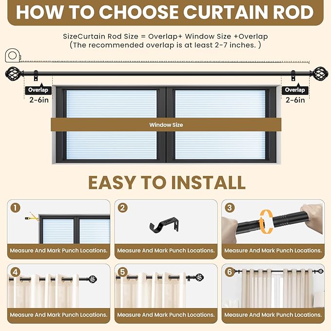 Luvenia Black Decorative Curtain Rod,Adjustable Curtain Rods For Windows 28 to 48 Inch(2.3-4Ft),Small Curtain Rod For Bedroom, Living Room,Kitchen,Farmhouse