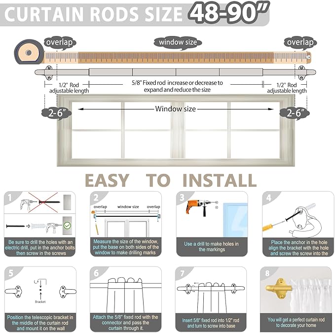 TVWOO Gold Wrap Around Curtain Rods:5/8" Small Blackout Adjustable Window Curtain Rod for Bedroom Kitchen Apartment Renter Friendly,Room Darkening Curved Drapery Rods Easy Install,Brass Golden 48-90"
