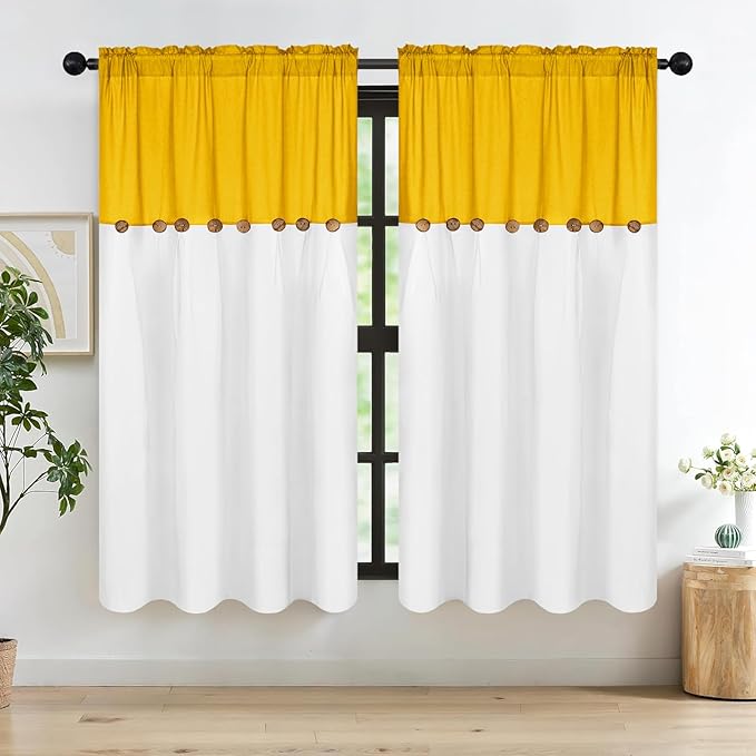 FRAMICS Farmhouse Cotton Linen Curtains for Living Room, Boho Button Curtains 63 inch Length, Rustic Country Linen Window Curtains for Bedroom, Rod Pocket Drapes, 52 x 63 Inch, Yellow and White