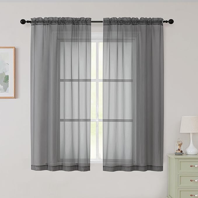 Sheer Grey Curtains for Bedroom Living Room 54 Inch Length 2 Panels Set, Solid Soft Airy Light Filtering Window Treatments, Modern Rod Pocket Drapes, Grey, 42" Wx54 L Inches