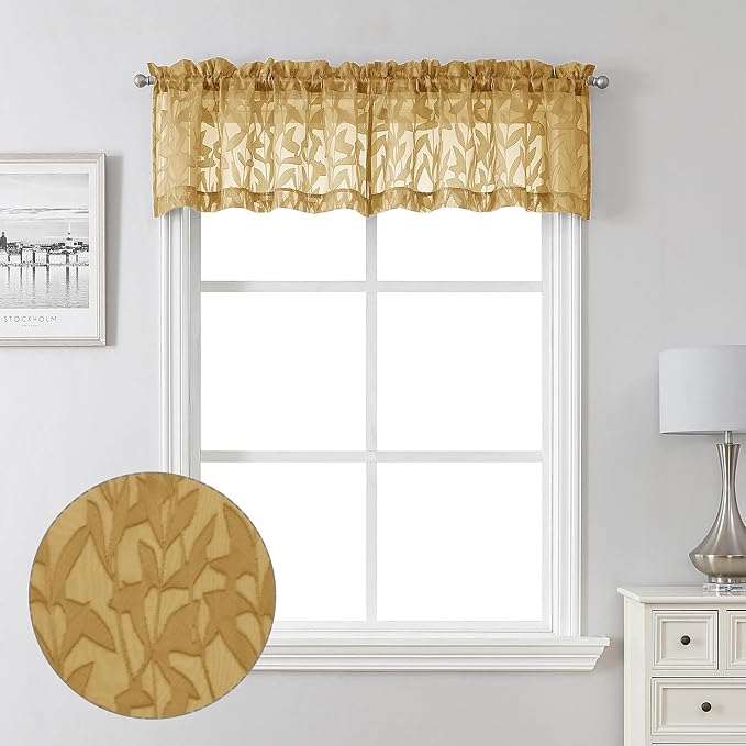 Lecloud Leia Dark Gold Sheer Valance for Windows 14 Inch Length 2 PCS, Kitchen Cafe Short Curtains with Dual Rod Pockets, Jacquard Textured Leaf Living Room Bedroom Decor, 40 W x 14 L