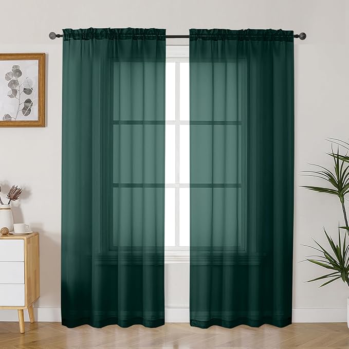 Gwine Hunter Green Sheer Curtains 72 Inches Long 2 Panels Set for Front Door, Light Filtering Sheer Curtains for Living Room, Rod Pocket Window Treatments Drapes, Each 42" Wx72 L
