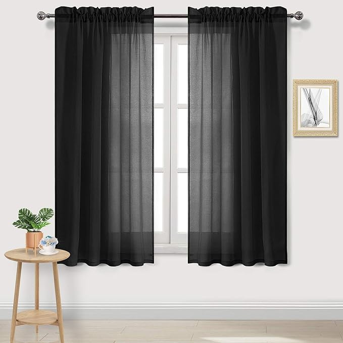 DWCN Black Sheer Curtains Semi Transparent Voile Rod Pocket Curtains for Bedroom and Living Room, 52 x 63 inches Long, Set of 2 Panels
