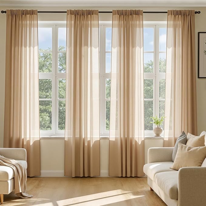 MIULEE Brown Sheer Curtains 102 Inches Long, 4 Panels Set, Light Filtering Rod Pocket Voile Drapes for Living Room and Bedroom, Airy Soft Fabric Window Treatments, 42 x 102 Inches
