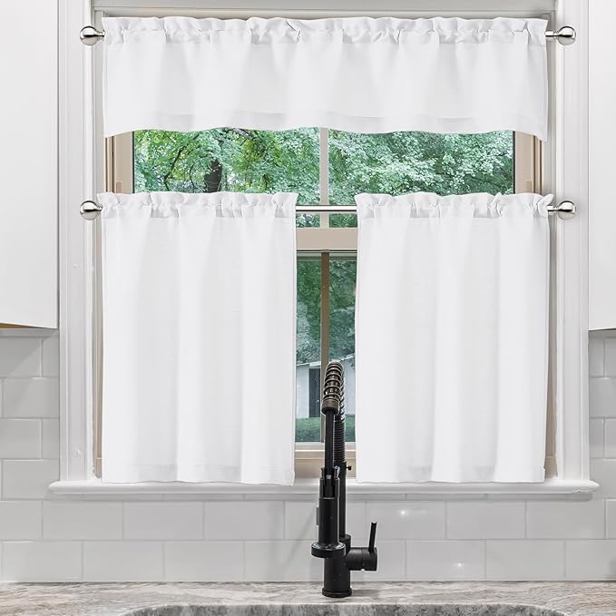 Chyhomenyc White Valance for Windows, Light Filtering Faux Linen Solid Short Curtain Valance, Burlap Decorative Small Curtain for Kitchen Bathroom Laundry Basement, 60Wx12L inch, 1 Piece