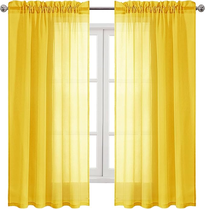 DWCN Yellow Sheer Curtains Semi Transparent Voile Rod Pocket Curtains for Bedroom and Living Room, 52 x 63 inches Long, Set of 2 Panels