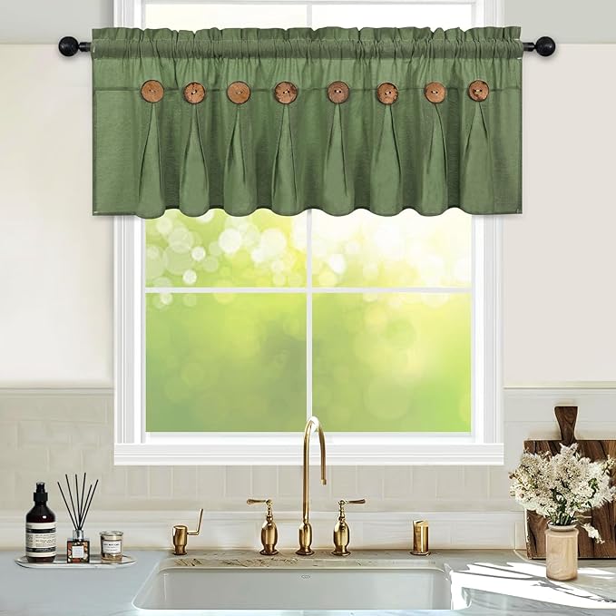 FRAMICS Farmhouse Valance Curtains, Boho Cotton Linen Kitchen Valance, Olive Green Rustic Button Window Valances for Kitchen Bathroom, Rod Pocket Valances for Windows, Olive Green, 52 x 18 Inch