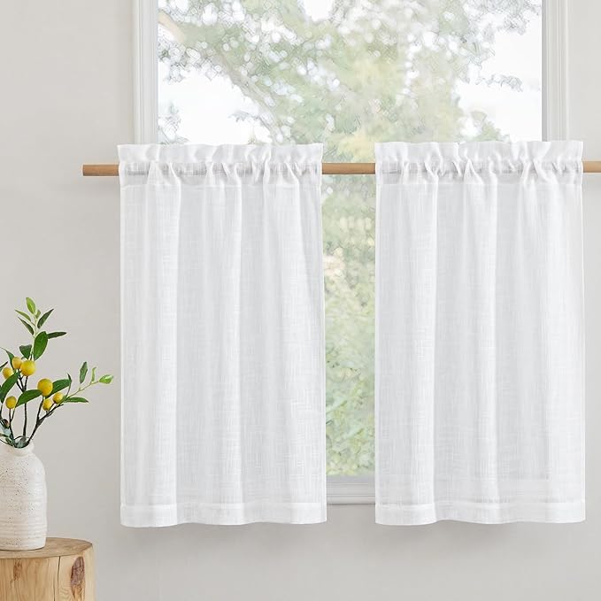 RYB HOME Half Curtains for Windows, Rod Pocket Decorative Thick Linen Burlap Semi Translucent Privacy for Home Office Guest Room Cabinet Laundry Room, W 42 x L 24 inches, White, 2 Panels