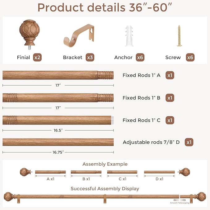 Wood Curtain Rods for Windows 30 to 56 Inch, Boho Vintage Decorative 1 Inch Wooden Curtain Rod, Adjustable Heavy Duty Rustic Farmhouse Drapery Pole with Netted Imitation Wood Grain Finials