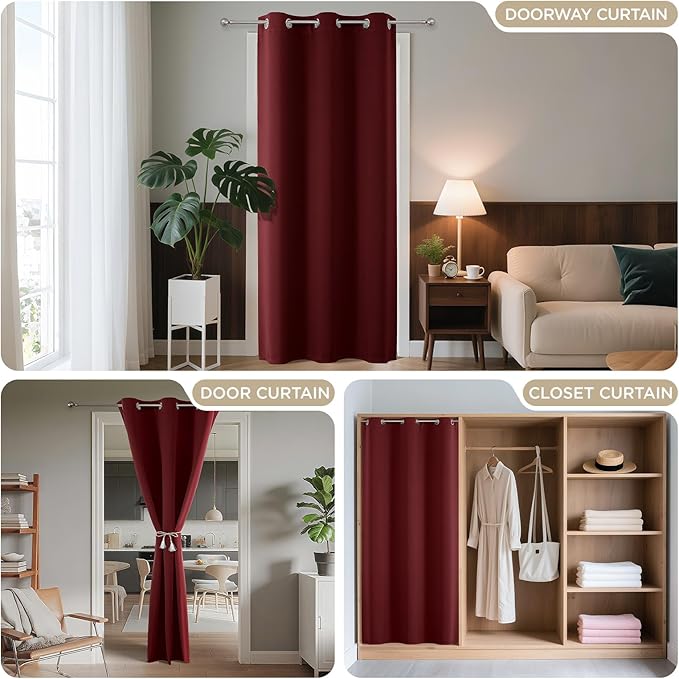Joydeco Blackout Door Curtain for Doorway Privacy 72 Inches Long, Grommet Closet Curtain for Open Closet, Room Divider for Bedroom Living Room (Burgundy Red, 52Wx72L, 1 Panel)