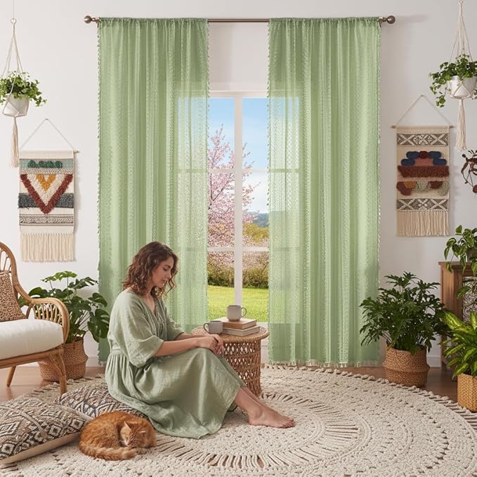 WAZZIO Boho Lace Curtains 84 Inches 2 Panel,Light Filtering Privacy Tassel & Geometry Crochet Semi Sheer Curtain Drapes for Bedroom Living Dining Room,Rod Pocket & Tassel,Grass Green