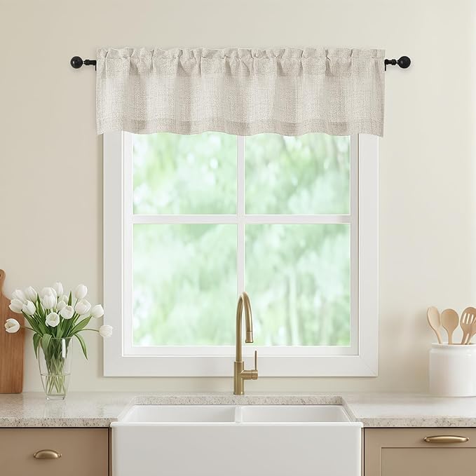 Natural Valances for Windows, Light Filtering Faux Linen Textured Small Short Valance Curtains for Bathroom Basement Farmhouse, Rod Pocket Top Half Curtains for Windows, 60Wx12L Inch