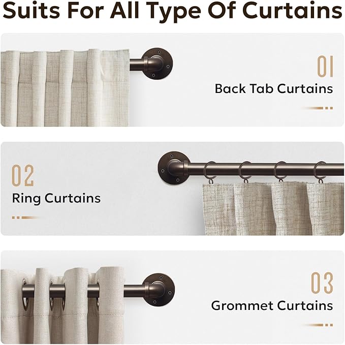 Zeerobee Curtain Rods for Windows 144 to 168, 1 Inch Industrial Wrap Around Antique Bronze Curtain Rod, Indoor/Outdoor Room Divider Adjustable Drapery Pole, 144"-168"
