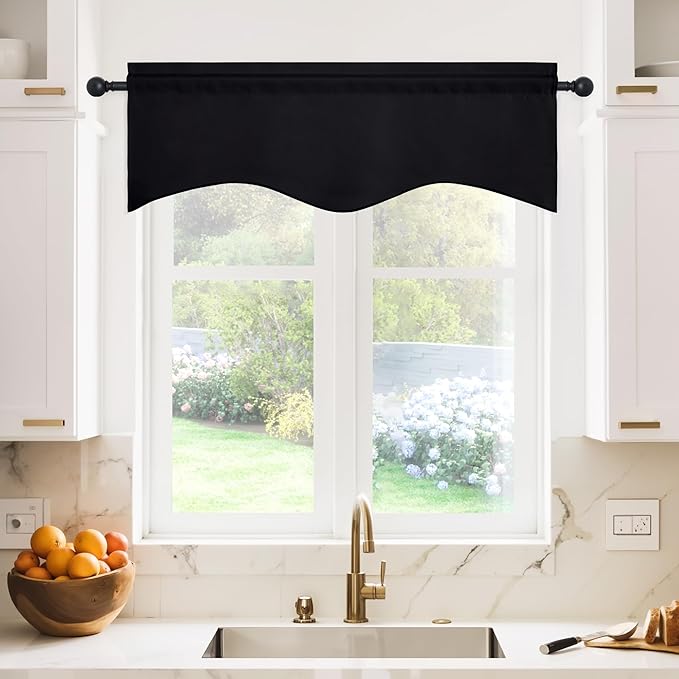 NICETOWN 2 Panels Blackout Valances Farmhouse Kitchen Window Treatment Thermal Insulated Room Darkening RV Camper Valances Rod Pocket for Kitchen/Bedroom/Office, 42 x 18 inch Long, Black