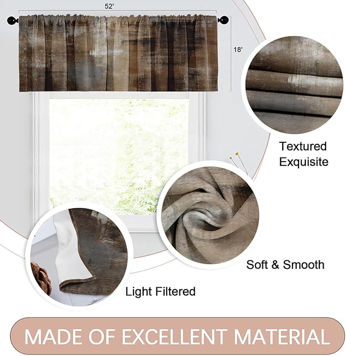 Emvency 4 Pack Valances Window Treatments, Abstract Dark Brown Art Painting Blackout Adjustable for Living Room Bathroom Bedroom Kitchen Over Sink, 52x18 Inch Rod Pocket Valances