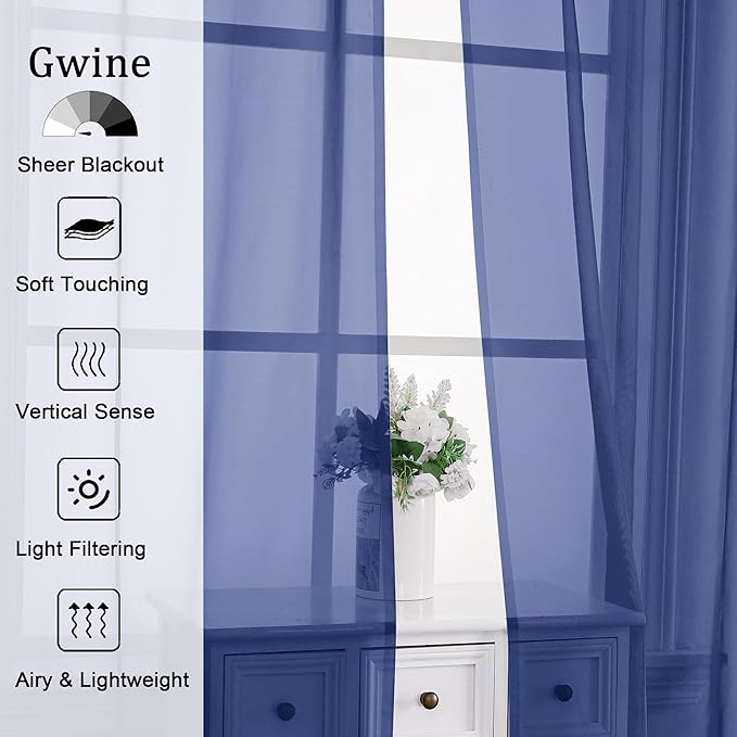 Gwine Royal Blue Sheer Curtains for Bedroom 54 inches Long 2 Panels, Light Filtering Voile Rod Pocket Curtains, Airy Transparent Sheer Drapes for Living Room, Each 42" Wx54 L