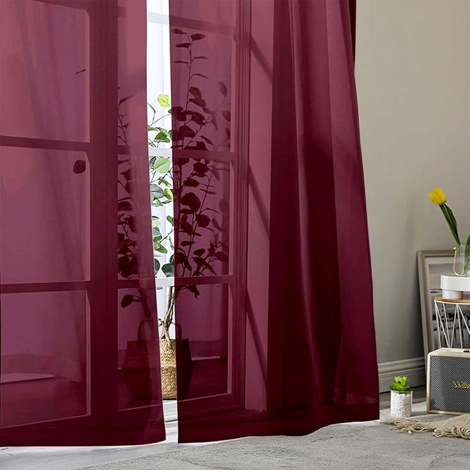Burgundy Sheer Curtains 63 Inch Length 2 Panels Set for Living Room Bedroom, Airy Soft Light Filtering Sheer Dining Room Curtains, Modern Rod Pocket Drapes, Burgundy, Each 42" Wx63 L