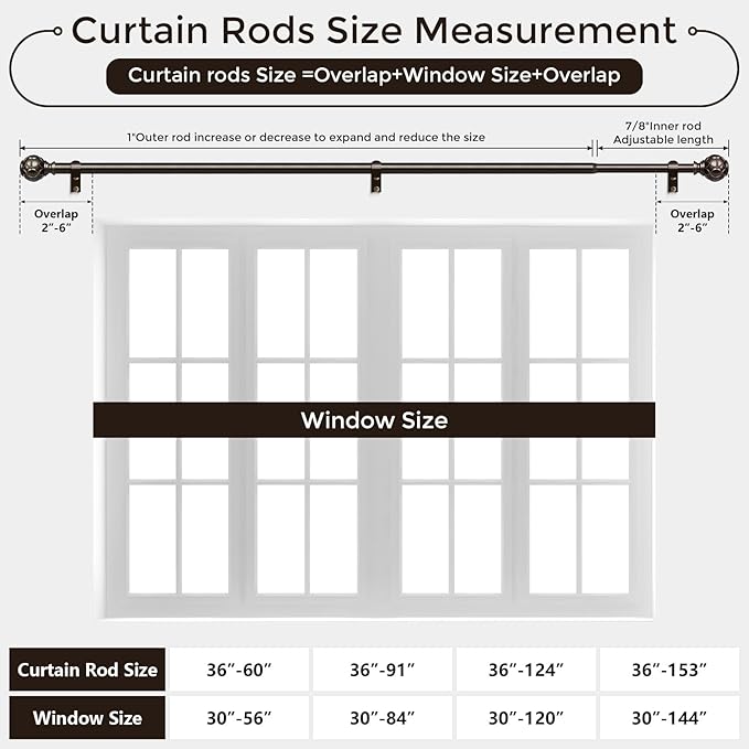 2 Pack Bronze Curtain Rod, Heavy Duty 1 Inch Decorative Curtain Rods for Windows 30 to 56 Inch, Single-Side Adjustable Vintage Rustic Antique Brown Drapery Pole with Netted Texture Finials