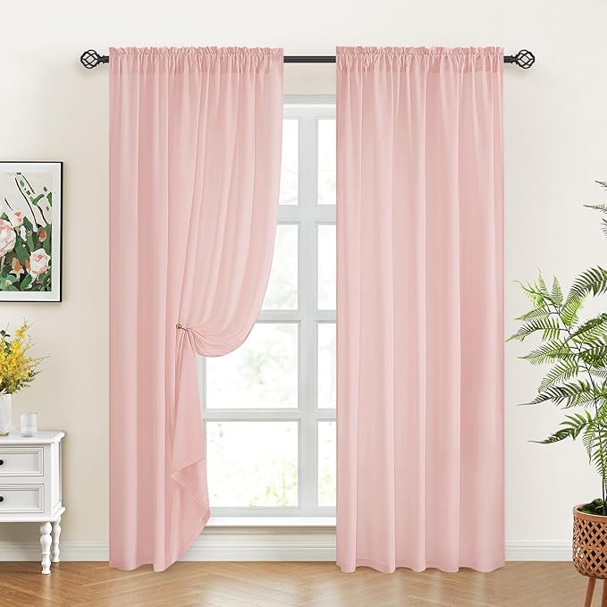 HOMEIDEAS Non-See-Through Blush Pink Privacy Sheer Curtains, 52 X 96 Inches Long 2 Panels Sheer Curtains Light Filtering Window Drapes for Bedroom Living Room