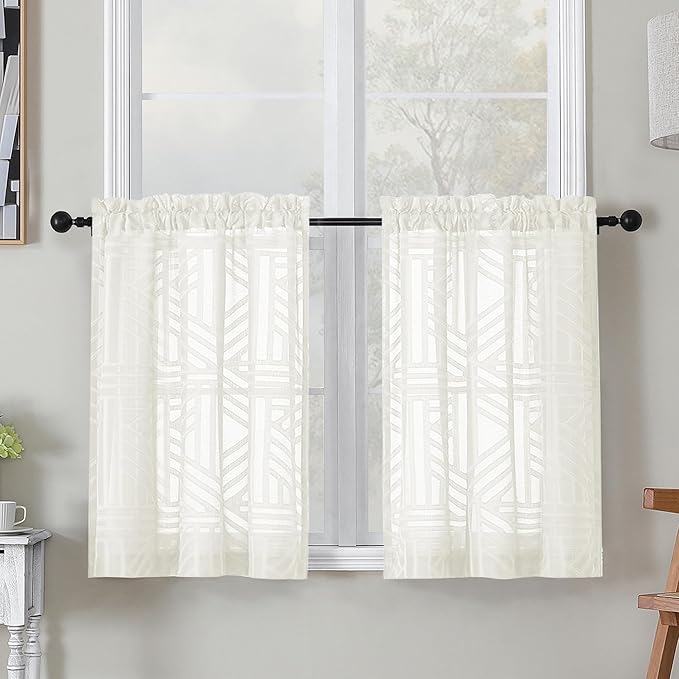 Simplebrand Semi Sheer Ivory Curtains 30 Inch Length 2 Panels, Geometric Jacquard Clip Textured Short Sheer Curtains for Bedroom，Modern Elegant Window Curtains Panels/Drapes/Treatment, 30x30 inch
