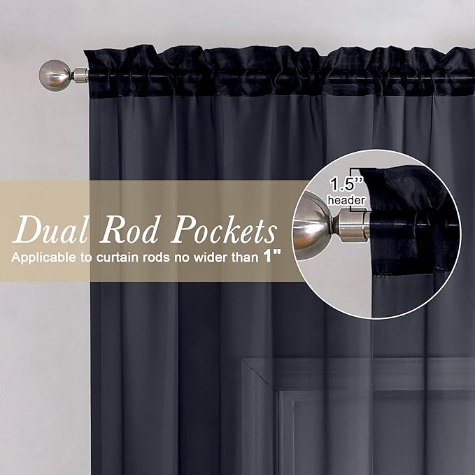 Lecloud Black Sheer Curtains 90 Inches Long 2 Panels Set, Privacy Voile Light Filtering Drapes, Airy Solid Window Curtains with Rod Pocket for Living Room Bedroom Basement, Each Panel 42" W x 90" L