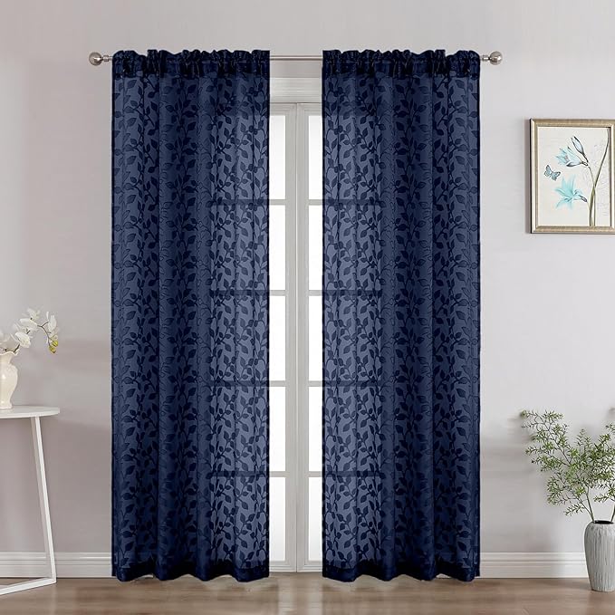 Chyhomenyc Navy Blue Sheer Curtains 72 Inches Long 2 Panels Set, Light Filtering Tufted Textured Soft Airy Rod Pocket Elegant Leaf Window Treatment Drapes for Bedroom Living Room, 42" Wx72 L, 2PCS