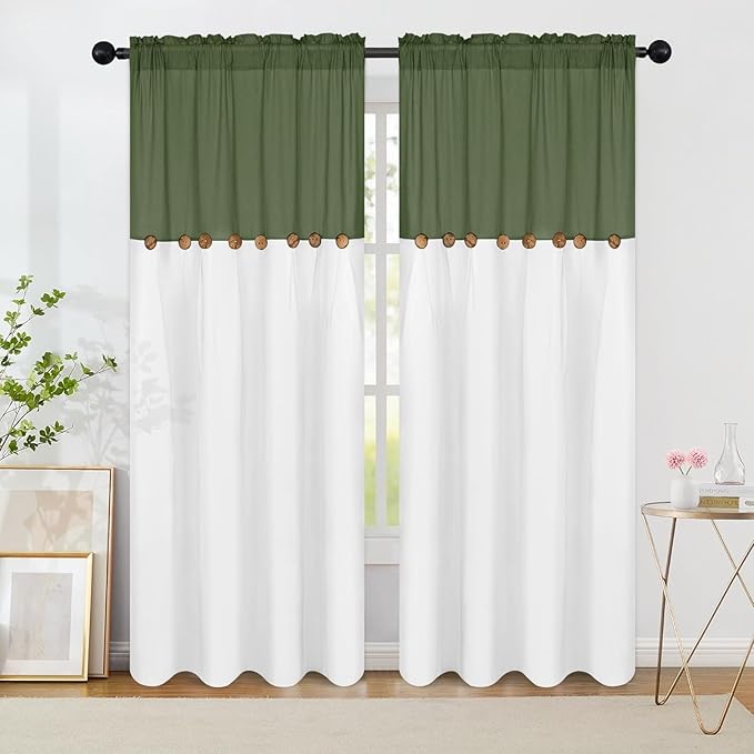 FRAMICS Farmhouse Cotton Linen Curtains for Living Room, Rustic Button Curtains 84 Inch Length 2 Panels, Boho Linen Window Curtain for Bedroom Rod Pocket Drapes, 52 x 84 Inch, Olive Green and White