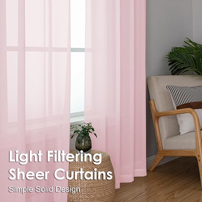 OVZME Blush Pink Sheer Curtains 96 Inches Long 2 Panels - Soft Light Filtering Window Sheer Panels for Living Room/Bedroom, Top Dual Rod Pocket, 1 Pair, Each 42Wx96L Inches