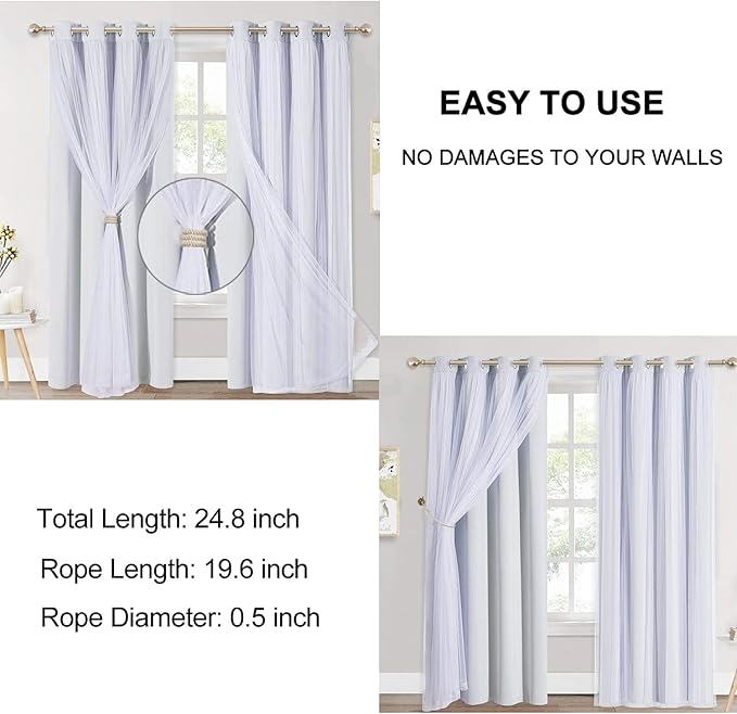Curtain Tiebacks Ropes, 2pcs Decorative Handmade Tie Backs Curtain Holdbacks Holders Cord for Window Sheer Drapes Indoor Outdoor, Beige