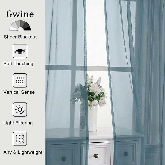 Gwine Short Kitchen Sheer Curtains 30 Inch Length - Light Filtering Voile Small Half Window Curtain for Basement, Rod Pocket Cafe Curtains for Bathroom Cabinet, 42Wx30L Inch, 2 Panels, Dusty Blue