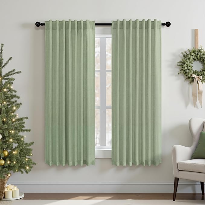 Sage Green Curtains 38 Inch Width for Kitchen Doors 2 Panels Back Tab Rod Pocket Linen Cafe Tier Light Filtering Short Sheer Light Green Curtains for Bathroom Laundry Farmhouse Decor Wide 38x45 Length