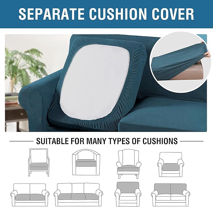 H.VERSAILTEX 3 Piece Stretch Sofa Covers for 2 Cushion Sofa Couch Covers for Living Room Sofa Slipcovers (Base Cover Plus 2 Seat Cushion Covers) Thicker Jacquard Fabric(Large Sofa, Deep Teal)