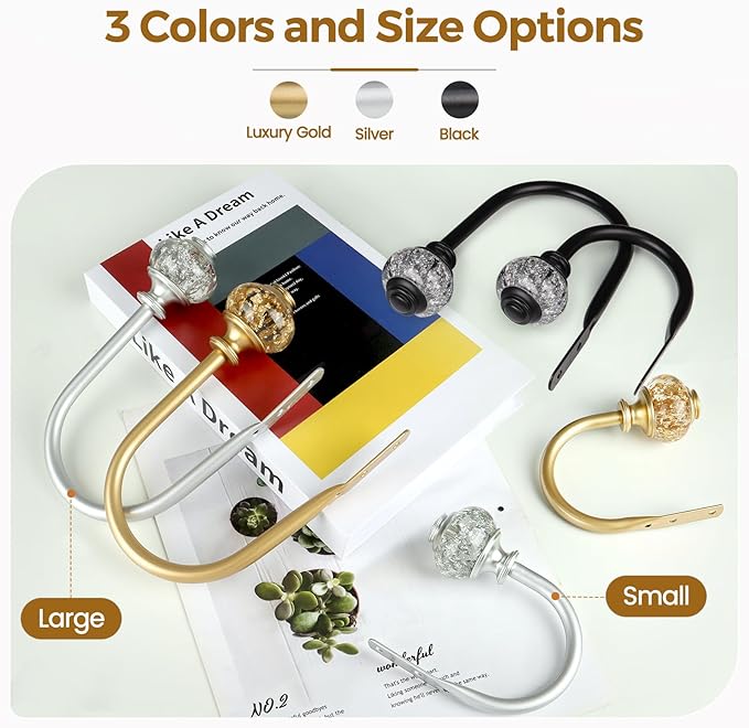 2 Pack Gold Curtain Holdbacks, USFOOK Decorative Drapery Tiebacks (2 Pack/1 Pair), Curtain Tie Back Hooks for Wall with Translucent Finials (6.1" L x 4.1" W)