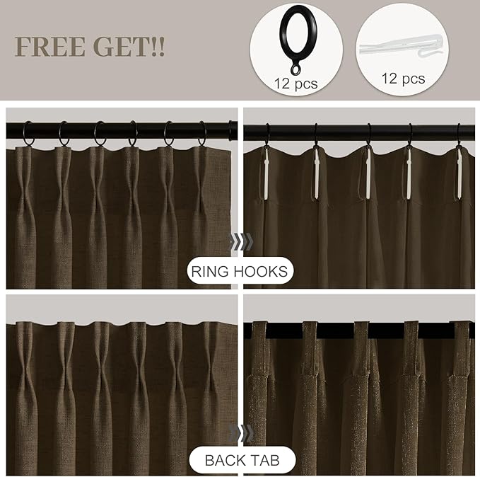Pinch Pleated Linen Curtains 84 Inch Length 2 Panels Set, Light Filtering Linen Semi Sheer Drapes Memory Trained Pleated Curtain Back Tab for Living Room Farmhouse with Hooks Rings, Dark Chocolate