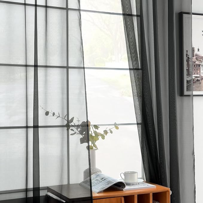 youleyar Solid Sheer Rod Pocket Curtain Voile Draperies 2 Panels White Beige Black Ivory Coffee 26 Inch Width 24 Inch Long 1 Pair for Kitchen Bedroom Children Living Room Yard(Black,26Wｘ24L)