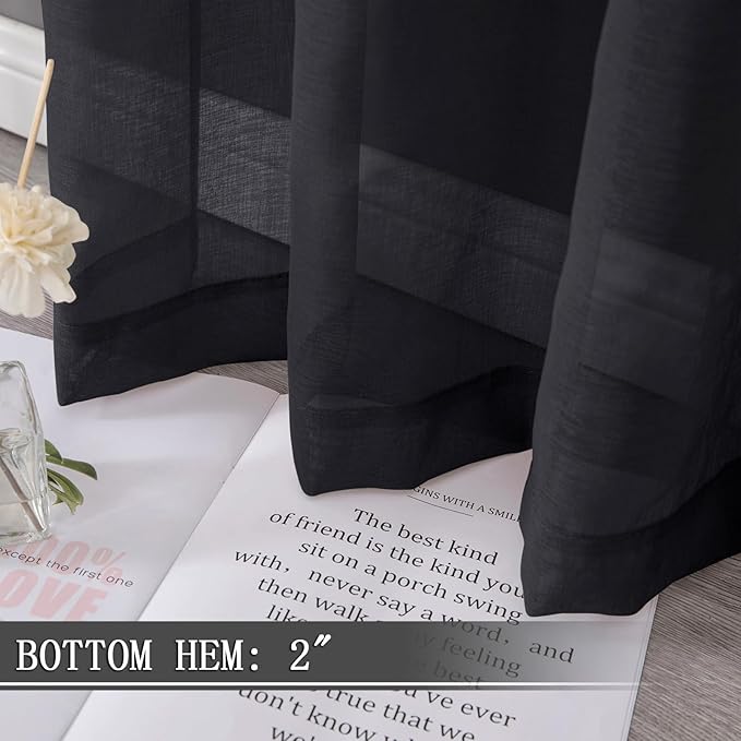 Tollpiz Short Sheer Curtain Living Room Linen Textured Curtains Sheer Light Filtering Voile Rod Pocket Curtain for Bedroom, 38 x 54 inches Long, Black, Set of 2 Panels