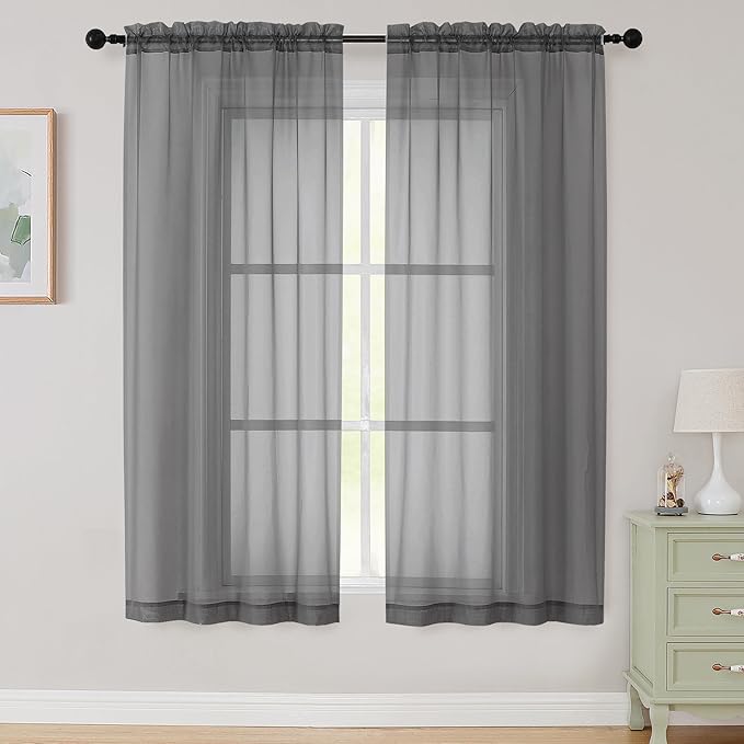 Sheer Grey Curtains for Bedroom Living Room 63 Inch Length 2 Panels, Airy Soft Light Filtering Sheer Dining Room Curtains, Modern Rod Pocket Drapes, Grey, Each 42" Wx63 L Inches