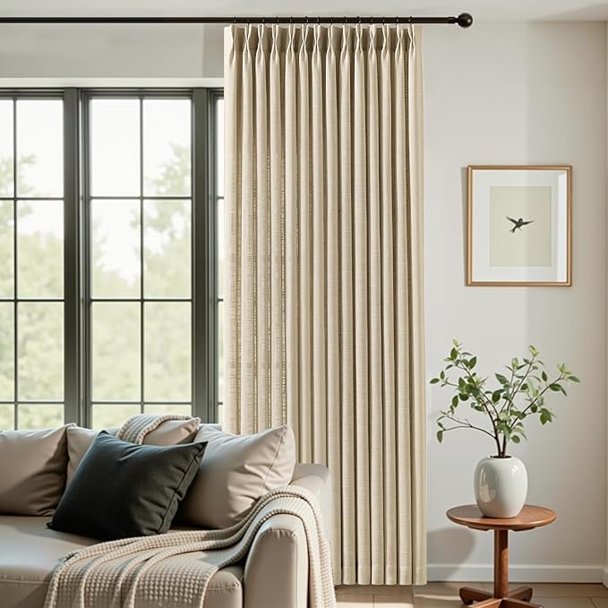 IVAPUPU Pinch Pleated Curtains 90 Inch Long for Living Room, Light Filtering Privacy Linen Curtain Extra Wide Semi Sheer Drapes Back Tab with Hooks Rings for Bedroom, 70Wx90L, Sand Beige, 1 Panel