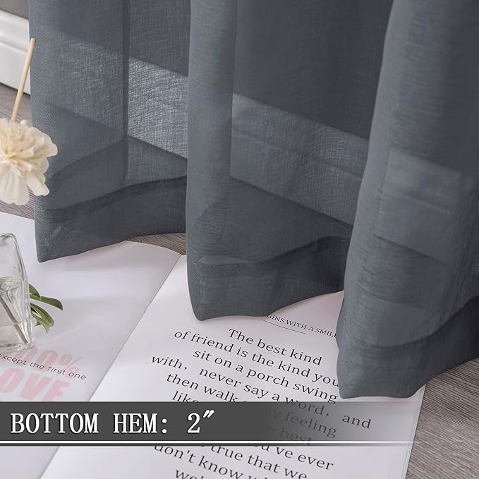 Tollpiz Sheer Curtains Linen Textured Bedroom Curtain Sheers Light Filtering Rod Pocket Voile Curtains for Living Room, 54 x 84 inches Long, Dark Grey, Set of 2 Panels