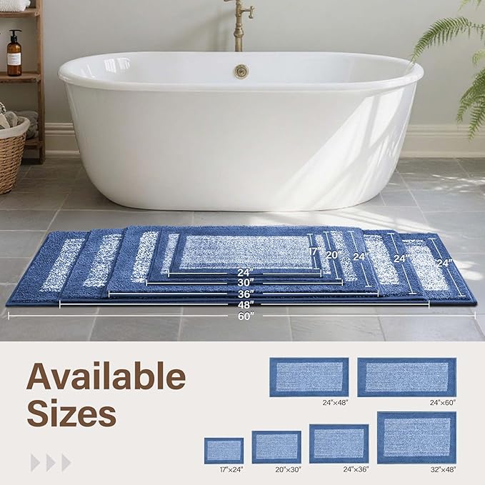 Bathroom Rugs 24x17 Non Slip Washable, Blue Bath Mat for Bathroom Floor Tub, Soft Absorbent Quick Dry Mats for Shower, Bathtub,Home Decor