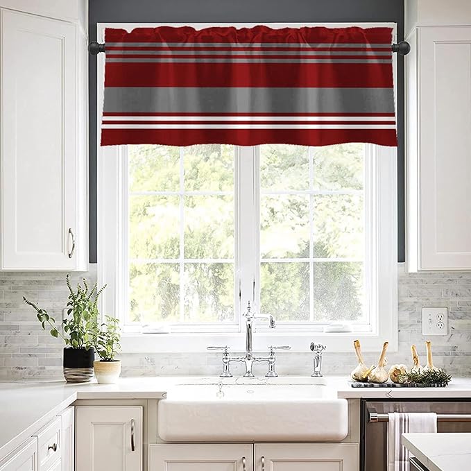 Emvency 2 Pack Valances Window Treatments, Red Grey White Striped Blackout Adjustable for Living Room Bathroom Bedroom Kitchen Over Sink, 52x18 Inch Rod Pocket Valances