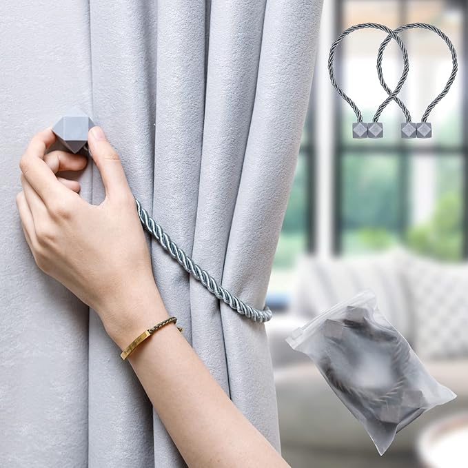NazTur Magnetic Curtain Tiebacks- Upgrade 2022 with a Thicker Twist Rope & Strong Magnet Tieback Window Treatment Holdbacks Draperies Holders Decorative Drape Handmade Tie Back (Grey, 2)