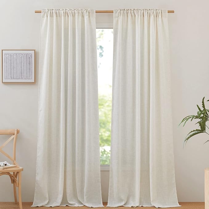 NICETOWN Linen Curtains & Drapes 95 inch Length 2 Panels, Rod Pocket & Back Tab Linen Blend Semi Sheer Privacy with Light Filtering for Farmhouse/Living Room, Burlap, W52 x L95