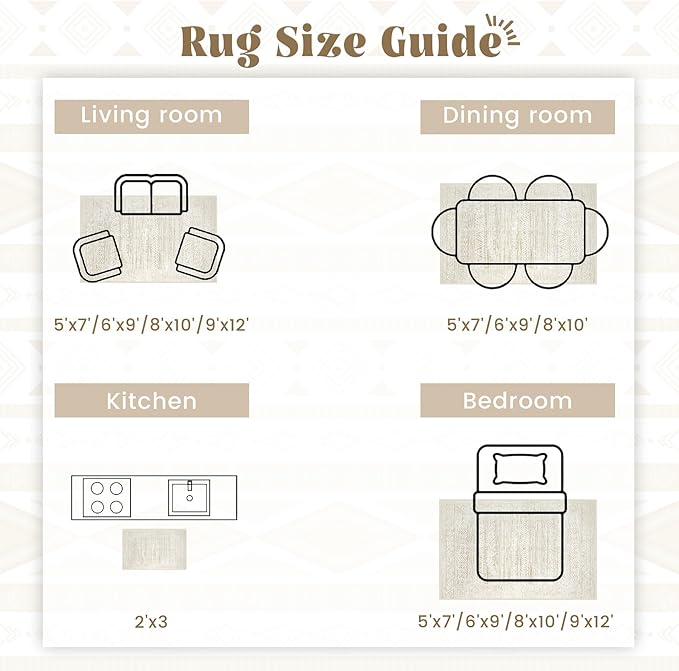 Living Room Rugs 9x12: Washable Moroccan Geometric Boho Rug Farmhouse Non Slip Stain Resistant Large Rug Low Pile Soft Carpet for Bedroom Dining Room Kids Room (Ivory Beige,9'x12')