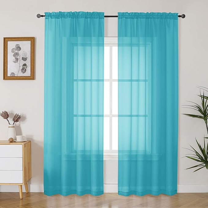Gwine Turquoise Sheer Curtains 84 Inches Long 2 Panels Set for Living Room, Rod Pocket Voile Bedroom Curtains, Light Filtering Solid Window Sheer Panels, Each 42" Wx84 L