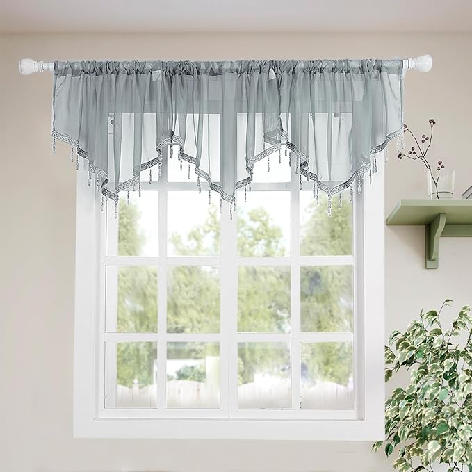 Molaxhome Swag Curtain 51 inch Length Rod Pocket Scalloped Curtain Valance Sheer Lace Panels with Hanging Crystal Beads for Kitchen Bedroom Window Treatments Drape Decor 1pc (Grey, 51Wx23L)