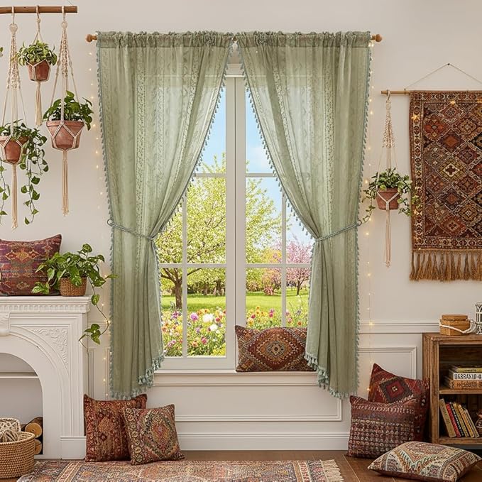 WAZZIO Boho Lace Curtains 2 Panels 63 Inch -Vintage Victorian Sheer Panel Drape French Country Floral Pattern & Tassel Light Filtering Privacy for Bedroom Dining Living Room,Light Sage Green,W52x L63